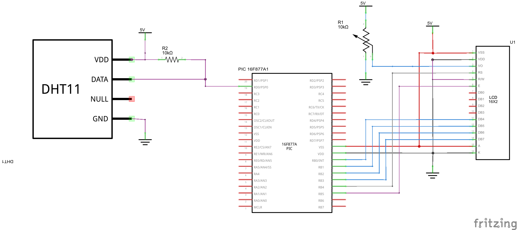 PIC16F877 and DHT11 schematic